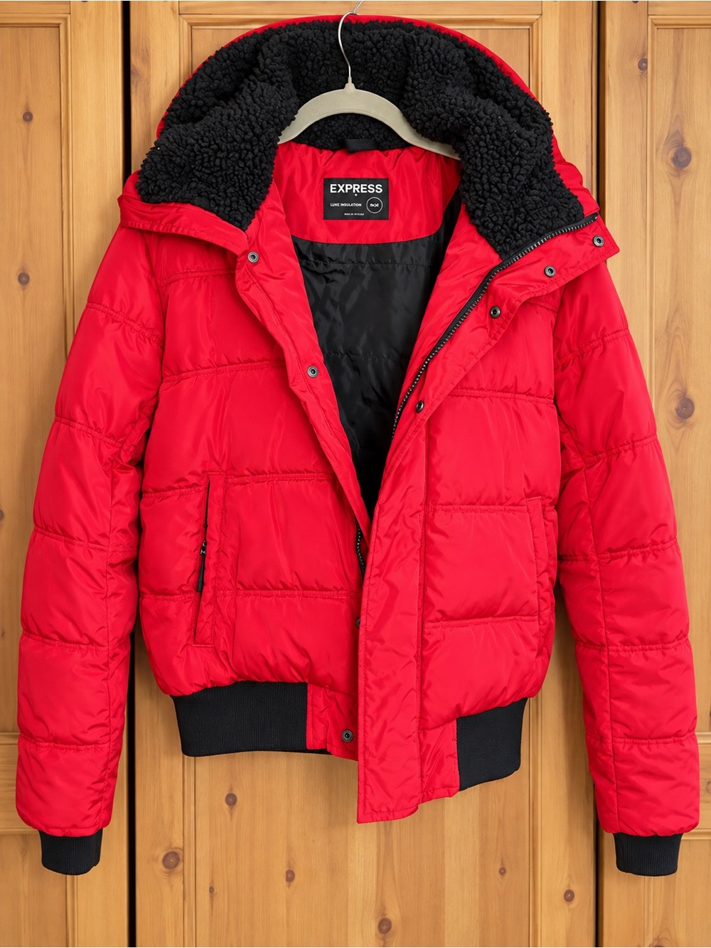 Express Red Puffer Jacket with Black Sherpa Hood